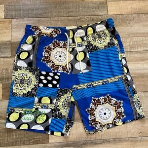 CRTFD men’s urban streetwear contemporary patchwork blue shorts, size medium